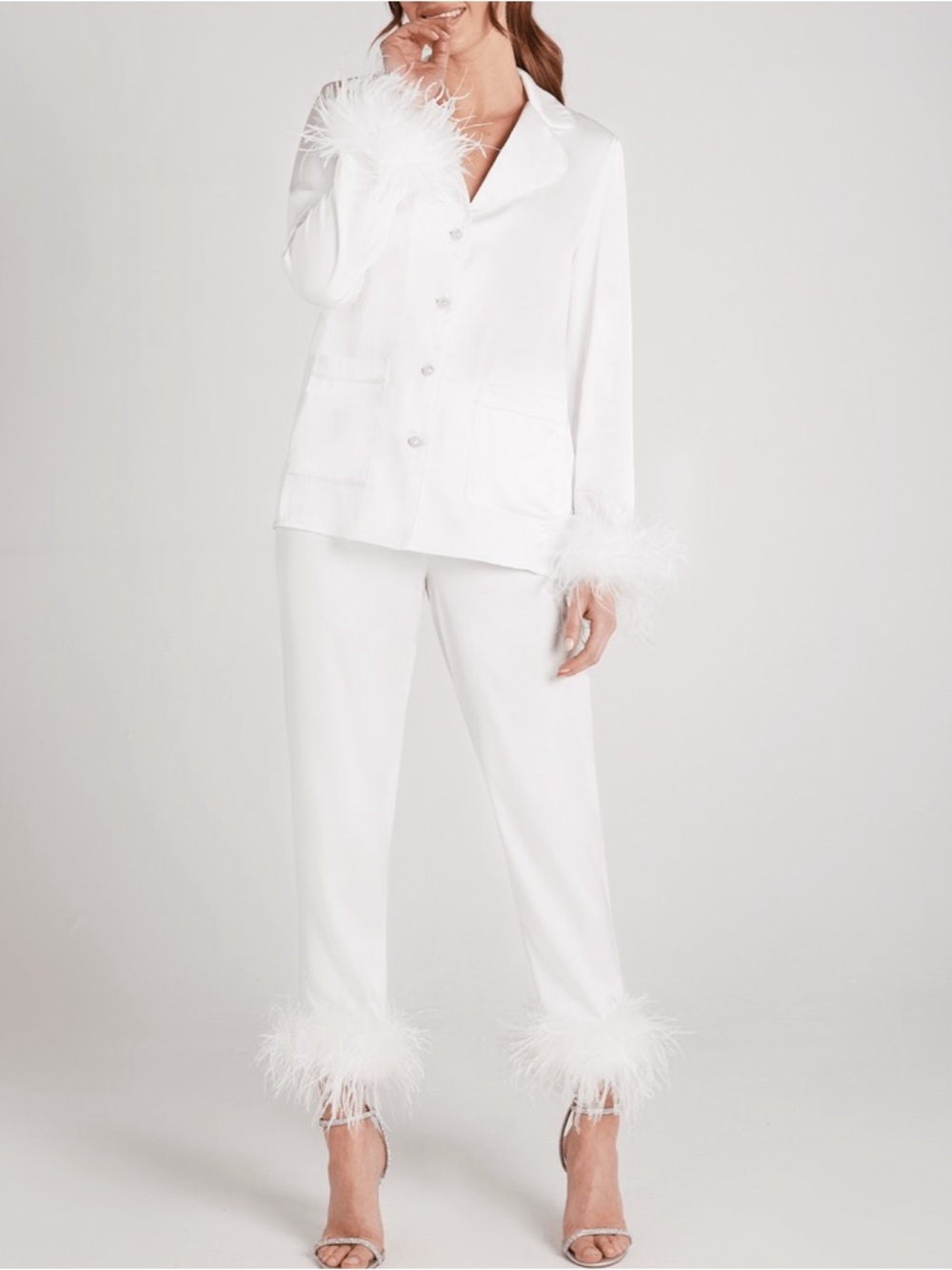 NADINE MERABI White Feather-Trim Silk Pajama Set